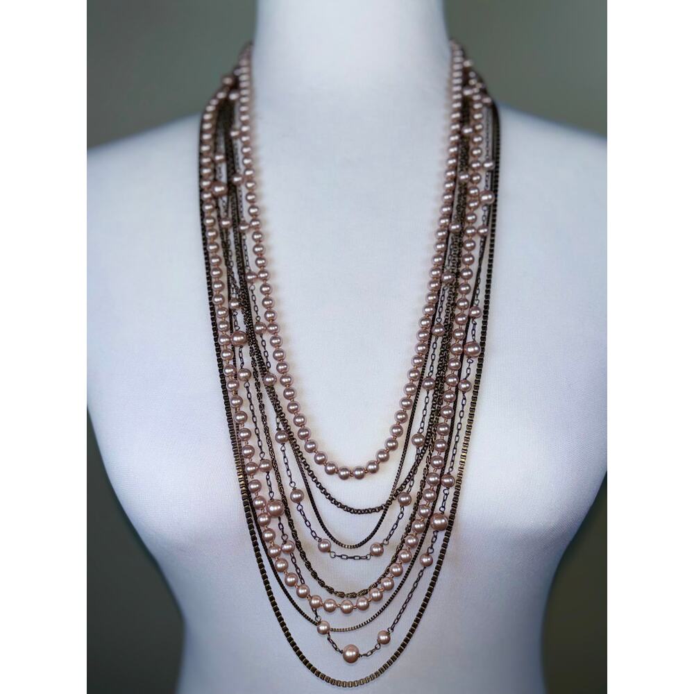 Vintage Talbots Bronze Multistrand Pale Pink Fauz Pearl Statement Necklace